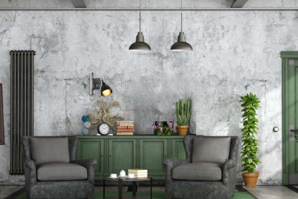 Industriële woonkamer met stoelen en plantendecoratie.