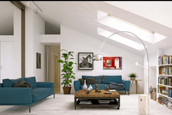 Moderne woonkamer met blauwe bank en unieke staande lamp.