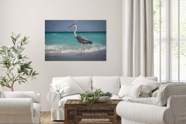 Reiger op het strand, kunst aan de muur.