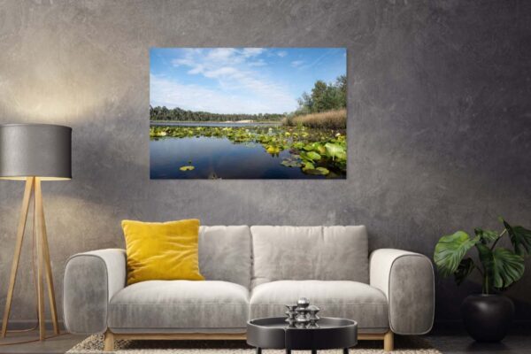 Moderne woonkamer met landschapsfoto en grijze bank.